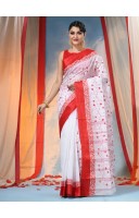 Bengal Agomoni Red White Embroidery Cotton Handloom Saree Without Blouse Piece (Red White)