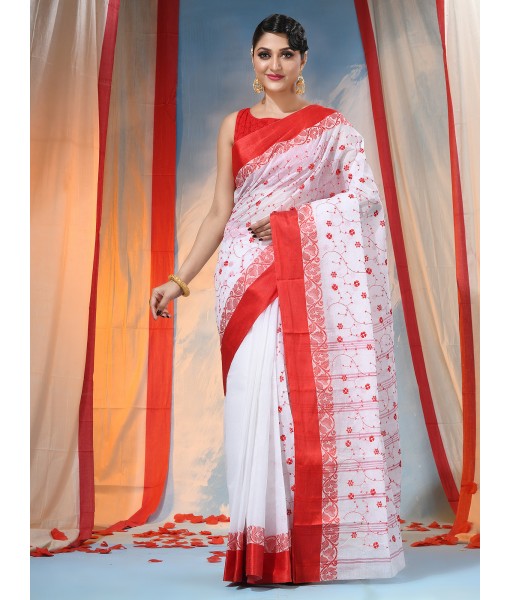 Bengal Agomoni Red White Embroidery Cotton Handloom Saree Without Blouse Piece (Red White)