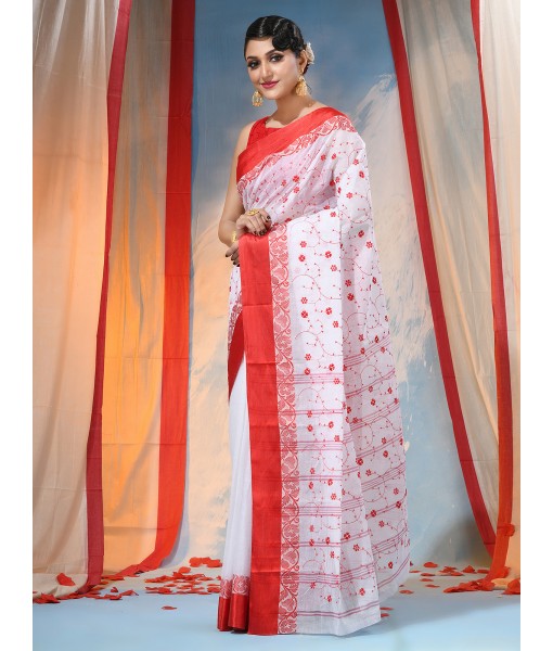 Traditional Bengal Agomoni Red White Embroidery Cotton Handloom Saree Without Blouse Piece (Red White)