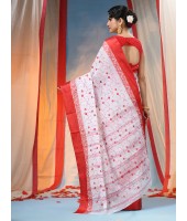 Bengal Agomoni Red White Embroidery Cotton Handloom Saree Without Blouse Piece (Red White)