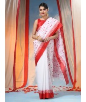 Bengal Agomoni Red White Embroidery Cotton Handloom Saree Without Blouse Piece (Red White)