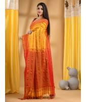  Traditional Bengali Bengamuri Pure Handloom Cotton Saree With Blouse Piece (Red Yellow)