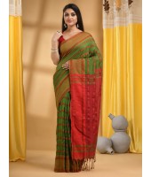  Traditional Bengali Begampuri Handloom Cotton Saree With Blouse Piece (Red Green)