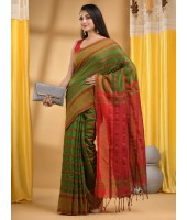  Traditional Bengali Begampuri Handloom Cotton Saree With Blouse Piece (Red Green)