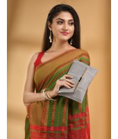  Traditional Bengali Begampuri Handloom Cotton Saree With Blouse Piece (Red Green)