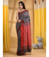 Traditional Bengali Begampuri Handloom Cotton Saree With Blouse Piece(Gray red)