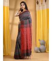 Traditional Bengali Begampuri Handloom Cotton Saree With Blouse Piece(Gray red)