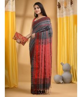 Traditional Bengali Begampuri Handloom Cotton Saree With Blouse Piece(Gray red)