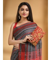 Traditional Bengali Begampuri Handloom Cotton Saree With Blouse Piece(Gray red)