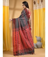 Traditional Bengali Begampuri Handloom Cotton Saree With Blouse Piece(Gray red)