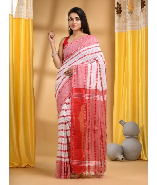  Traditional Bengali Begampuri Handloom Cotton Saree With Blouse Piece(Red White)