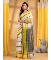  Traditional Bengali Begampuri Handloom Cotton Saree With Blouse Piece(Gray Yellow)