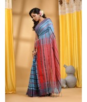 Traditional Bengali Begampuri  Handloom Cotton Saree With Blouse Piece (Blue Red)