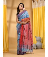 Traditional Bengali Begampuri  Handloom Cotton Saree With Blouse Piece (Blue Red)