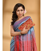 Traditional Bengali Begampuri  Handloom Cotton Saree With Blouse Piece (Blue Red)