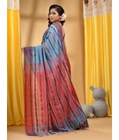 Traditional Bengali Begampuri  Handloom Cotton Saree With Blouse Piece (Blue Red)