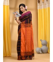 Traditional Bengali Begampuri Handloom Cotton Saree With Blouse Piece(Black Orange)