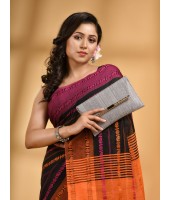 Traditional Bengali Begampuri Handloom Cotton Saree With Blouse Piece(Black Orange)