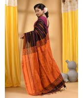 Traditional Bengali Begampuri Handloom Cotton Saree With Blouse Piece(Black Orange)