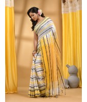 Traditional Bengali Begampuri   Handloom Cotton Saree With Blouse Piece(White Yellow)