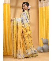 Traditional Bengali Begampuri   Handloom Cotton Saree With Blouse Piece(White Yellow)