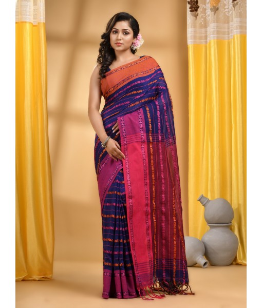  Traditional Bengali Bengamuri Pure Handloom Cotton Saree With Blouse Piece(Blue Pink)