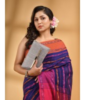  Traditional Bengali Begampuri  Handloom Cotton Saree With Blouse Piece(Blue Pink)