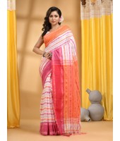 Traditional Bengali Begampuri  Handloom Cotton Saree With Blouse Piece (Pink Orange White)