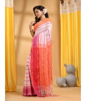 Traditional Bengali Begampuri  Handloom Cotton Saree With Blouse Piece (Pink Orange White)