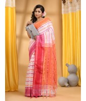 Traditional Bengali Begampuri  Handloom Cotton Saree With Blouse Piece (Pink Orange White)