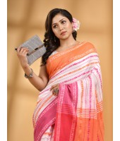 Traditional Bengali Begampuri  Handloom Cotton Saree With Blouse Piece (Pink Orange White)