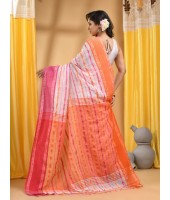 Traditional Bengali Begampuri  Handloom Cotton Saree With Blouse Piece (Pink Orange White)