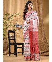 Traditional Bengali Begampuri Handloom Cotton Saree With Blouse Piece (White Black Red)