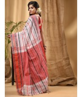 Traditional Bengali Begampuri Handloom Cotton Saree With Blouse Piece (White Black Red)