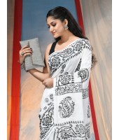  Bengal Black and White Kolka Printed Handloom Cotton Saree Without Blouse Piece (Black and White)