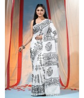  Bengal Black and White Kolka Printed Handloom Cotton Saree Without Blouse Piece (Black and White)