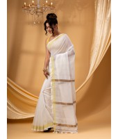 Traditional Cotton Blend Handloom SouthInd Saree Without Blouse Piece (White Gold)