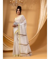 Traditional Cotton Blend Handloom SouthInd Saree Without Blouse Piece (White Gold)