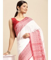  Flower Design Bengamuri Pure Handloom Cotton Saree With Blouse Piece (Red White)