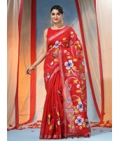 Bengal Handloom Pure Cotton Saree Flower Floral HandPrint Design With Blouse Piece (Red)