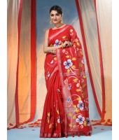 Bengal Handloom Pure Cotton Saree Flower Floral HandPrint Design With Blouse Piece (Red)