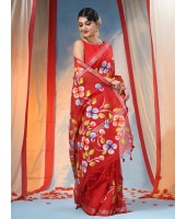 Bengal Handloom Pure Cotton Saree Flower Floral HandPrint Design With Blouse Piece (Red)