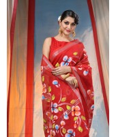 Bengal Handloom Pure Cotton Saree Flower Floral HandPrint Design With Blouse Piece (Red)