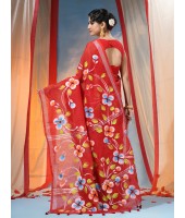 Bengal Handloom Pure Cotton Saree Flower Floral HandPrint Design With Blouse Piece (Red)