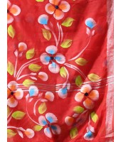 Bengal Handloom Pure Cotton Saree Flower Floral HandPrint Design With Blouse Piece (Red)