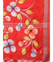 Bengal Handloom Pure Cotton Saree Flower Floral HandPrint Design With Blouse Piece (Red)