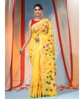 Bengal Handloom Pure Cotton Saree Flower Floral HandPrint Design With Blouse Piece (Yellow)