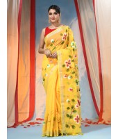 Bengal Handloom Pure Cotton Saree Flower Floral HandPrint Design With Blouse Piece (Yellow)