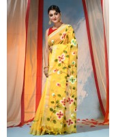 Bengal Handloom Pure Cotton Saree Flower Floral HandPrint Design With Blouse Piece (Yellow)