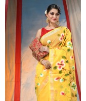 Bengal Handloom Pure Cotton Saree Flower Floral HandPrint Design With Blouse Piece (Yellow)